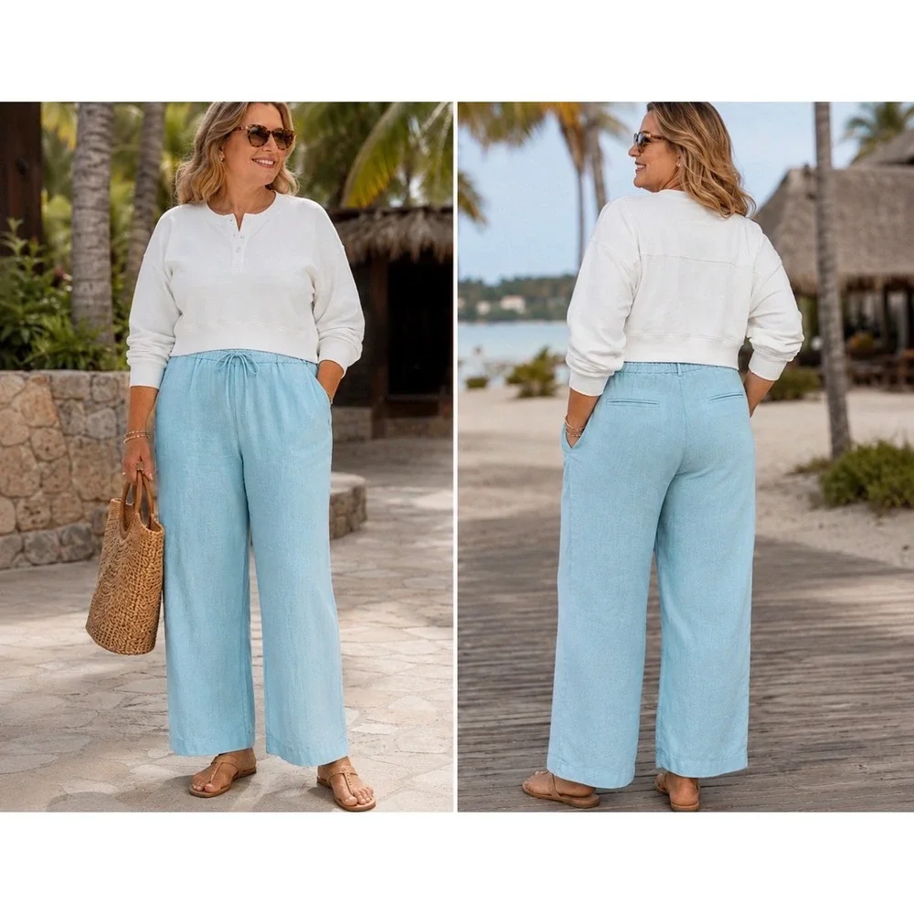 Charter Club Luxury Linen Light Blue Drawstring Straight Leg Pants Womens 16‎